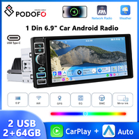 Podofo 6.9'' IPS Screen Car Radio 2+64G 1Din Android Car Audio GPS Navigation Carplay Android Auto EQ WIFI Type-C USB Autoradio