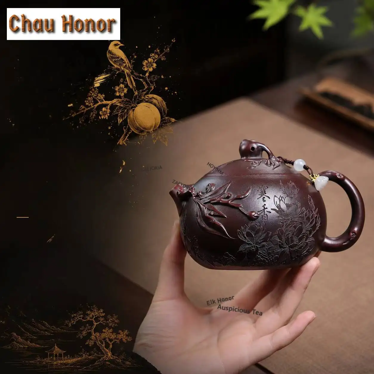 ZAEYORIA 270ml Vintage Yixing Purple Clay Longevity Peach Teapots Handmade Xishi Pot Raw Ore Mud Kettle With Filter Zisha Teaset