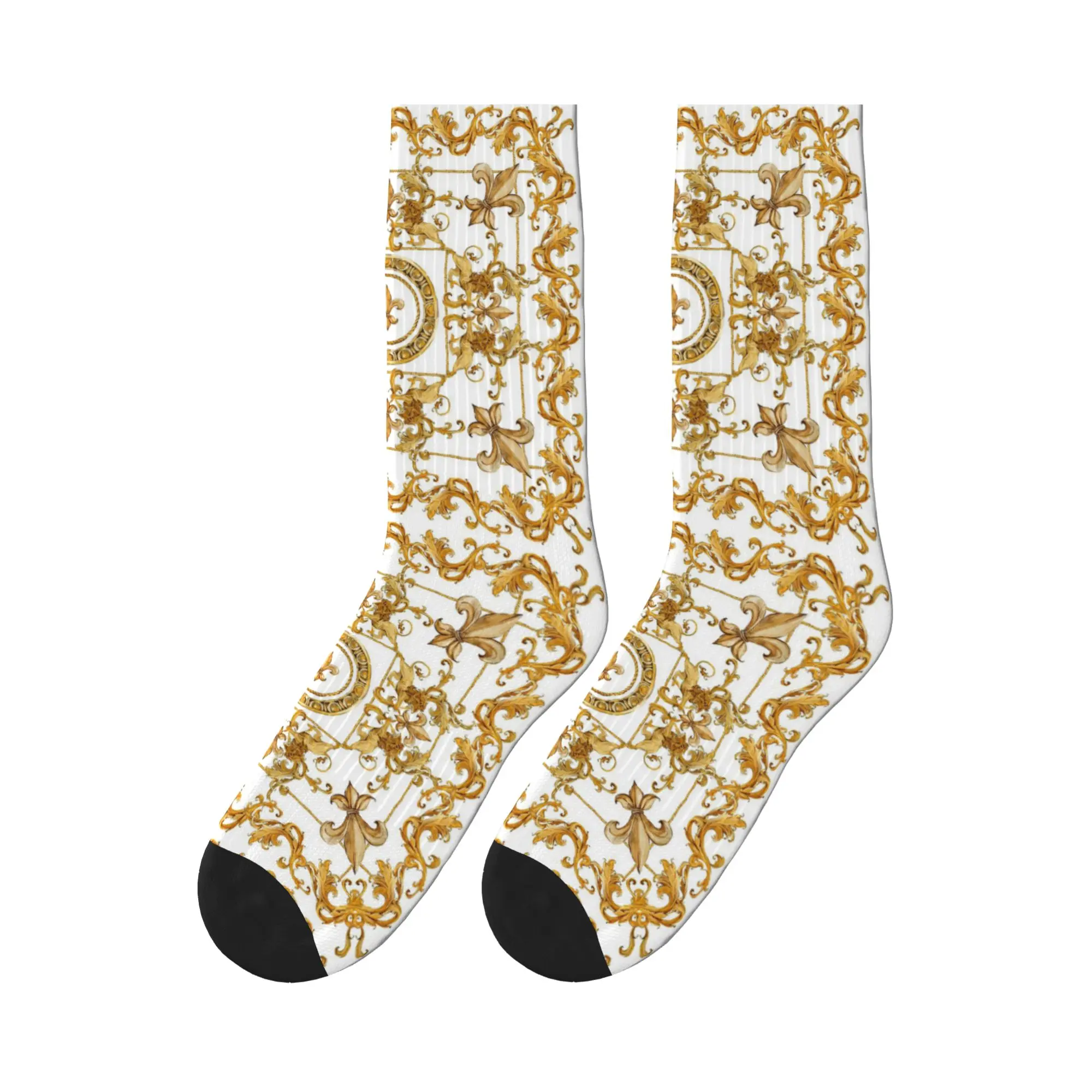 

golden Baroque and damask ornament Sports Socks High Quality Stockings All Season Long Socks for Man's Woman's Birthday Present