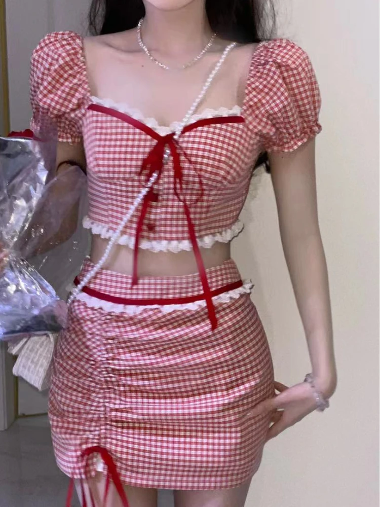 Red Sweet Plaid Two Piece Set Women Lace Vintage Elegant Party Mini Skirt Suit Korean Y2k Crop Tops + Casual Skirt Summer 2023