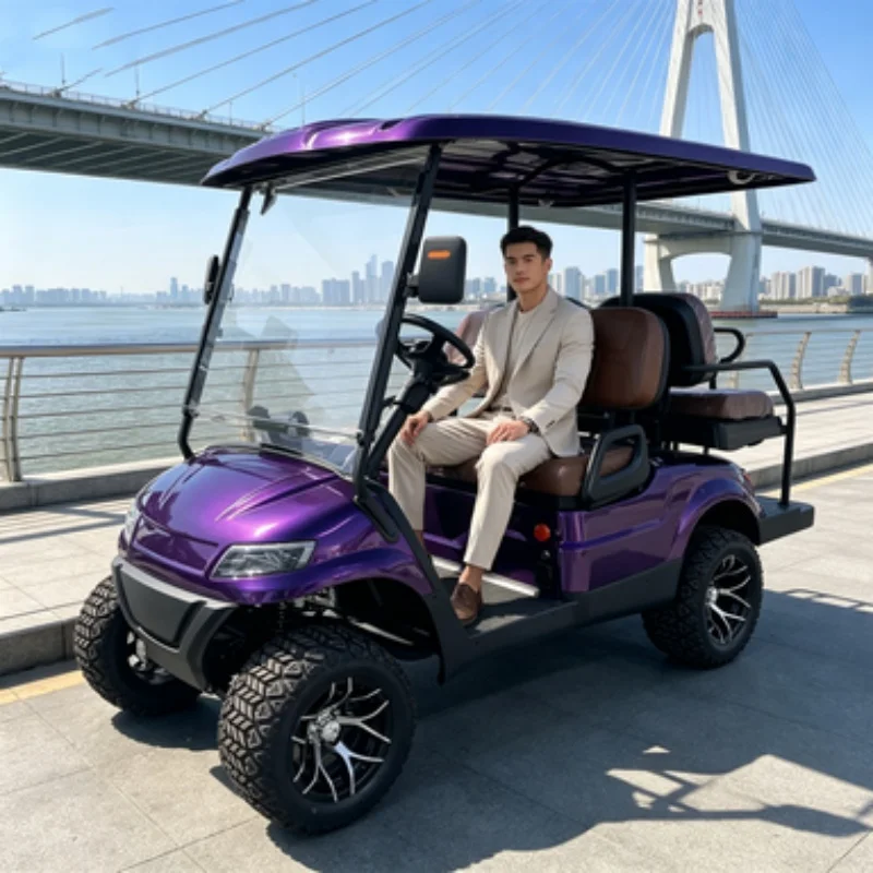 4 Seater Electric Golf Cart Off Road LED Headlights All Terrain Tires For Beach Resort Hotel Soundbar Custom Roof Light Strip