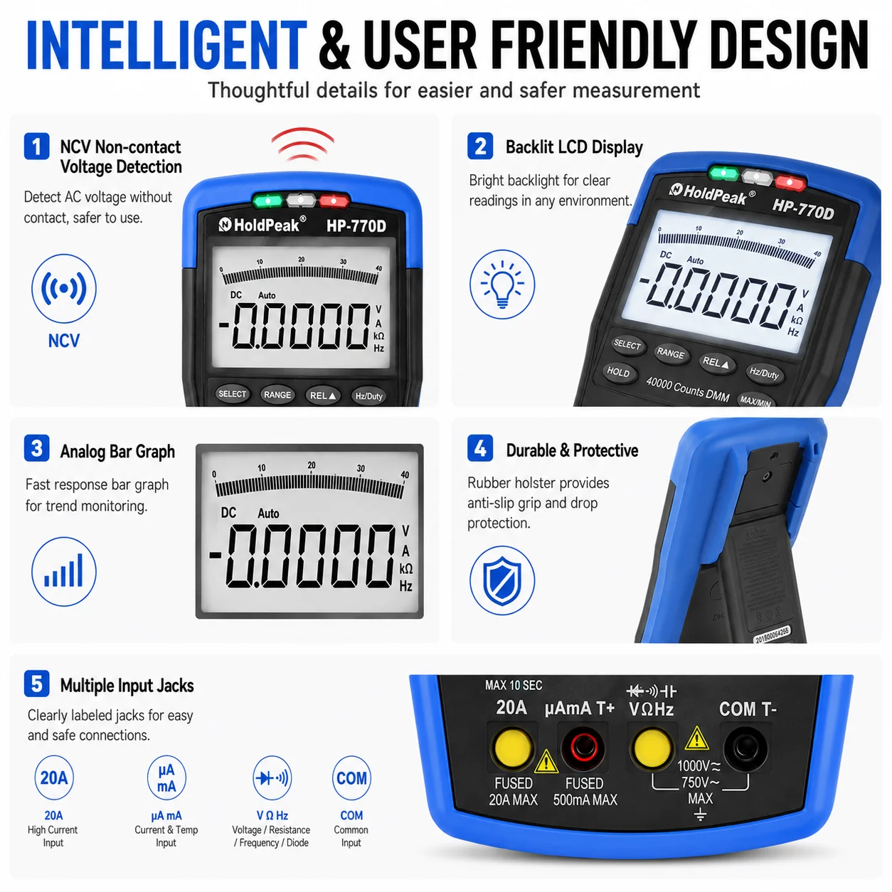 HP-770D True RMS Digital Multimeter 40000 Counts Auto Range NCV HVAC Voltage Current Tester with Temperature Test Capacitance