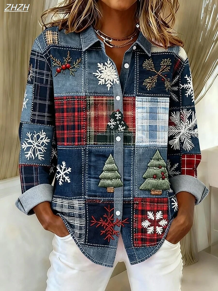 Christmas Women's Shirt Blouse Graphic Geometric Christmas Tree Vintage Stylish Long Sleeve Shirt Collar Regular Tops Winter