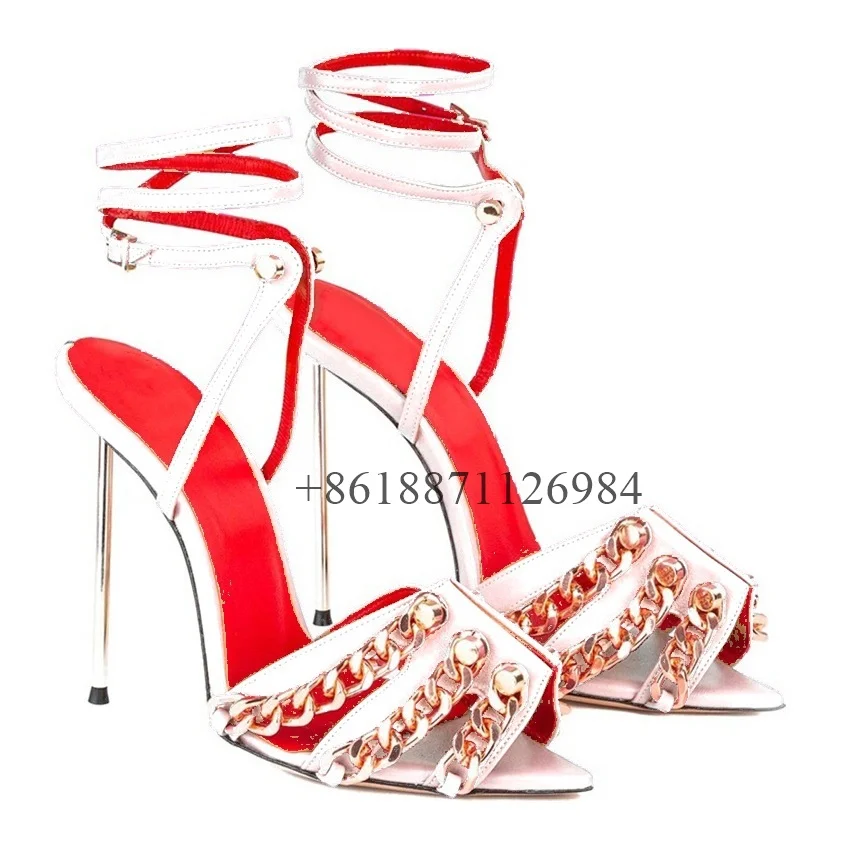 Sexy Style Cross Strap Peep Toe Metal Chain Summer Women Sandals Metal Stiletto High Heels Buckle Strap Design Large Size Shoes