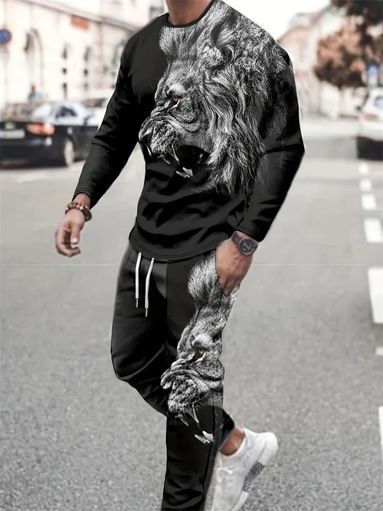 Spring And Autumn 2-piece 3D Lion Print Men\'s Sets Men\'s Everyday Casual Long Sleeve T-shirt And Street Fashion Long Pants