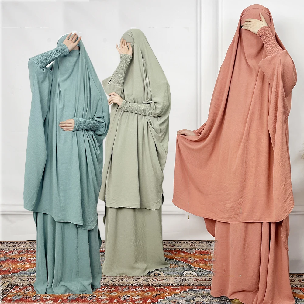 Muslim women\'s fashion suit plain robe ice silk wrinkled lantern sleeves loose and comfortable two-piece women\'s skirt suit