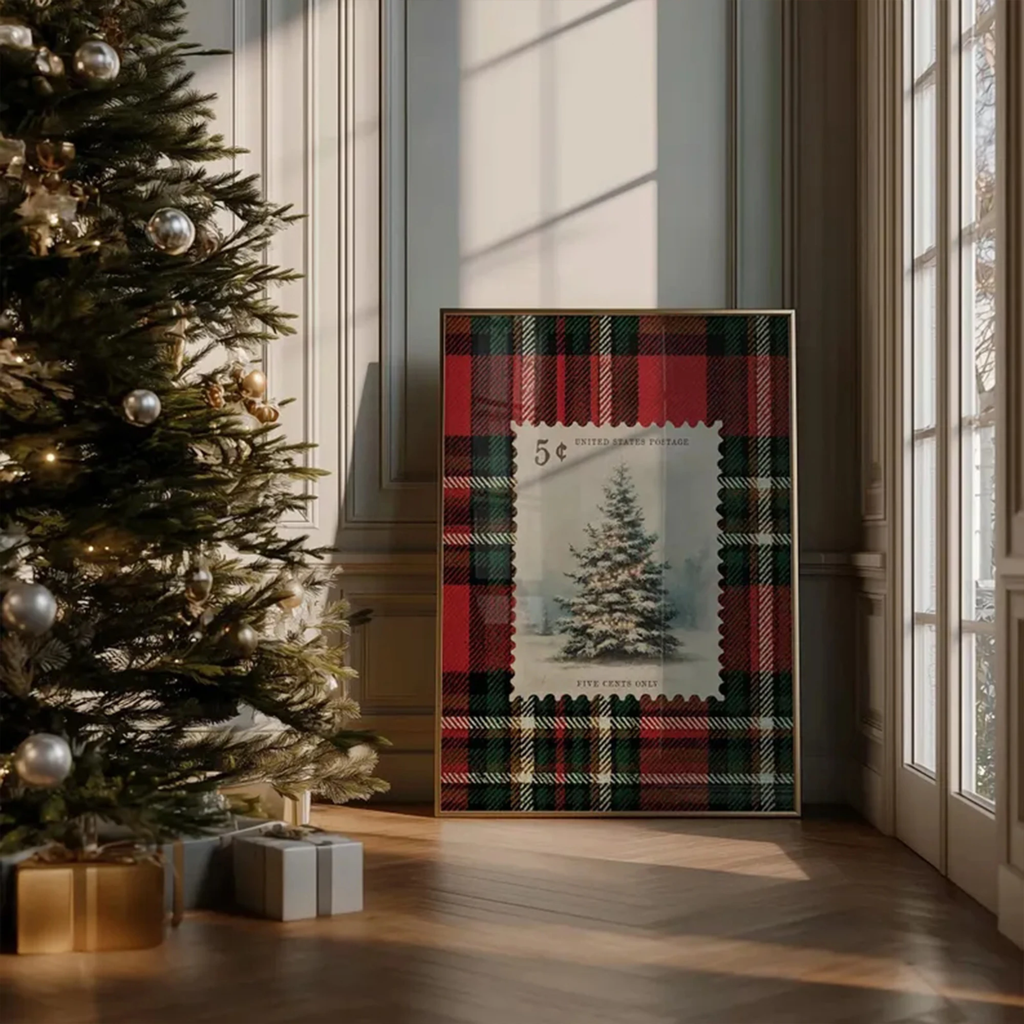 Retro Christmas Tree Stamp On Plaid Background Wall Art Print Canvas Painting Poster Picture For Living Room,Bedroom Home Decor