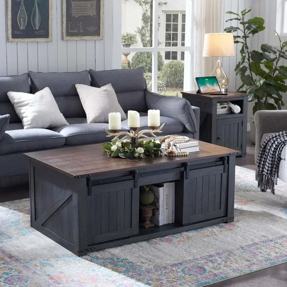 Lift Top Coffee Table with Storage & Sliding Groove Barn Door, W/Double Storage Spaces, Coffee Table