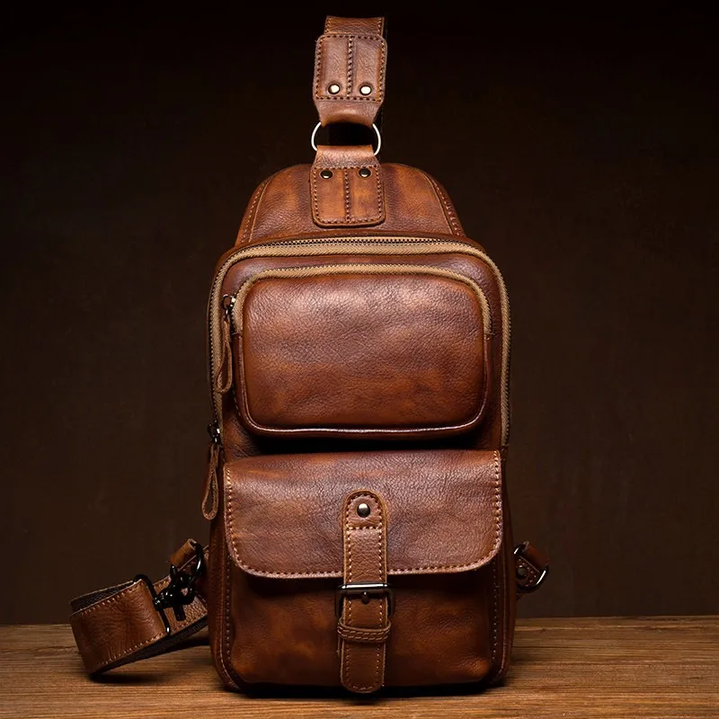 Vintage Trend Pure Handmade Polished Genuine Leather Chest Bag for Men, Top-Grain Cowhide Shoulder Bag Casual Crossbody Bag