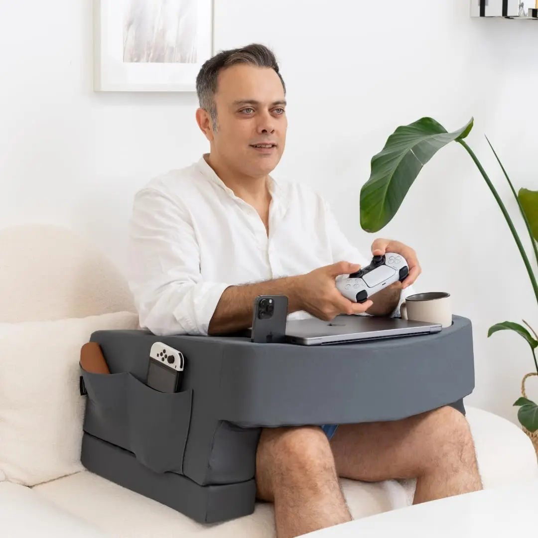 

Adjustable Reading Pillow with Cup Holder, Laptop Support for Gaming & Work, Large Pockets, Grey