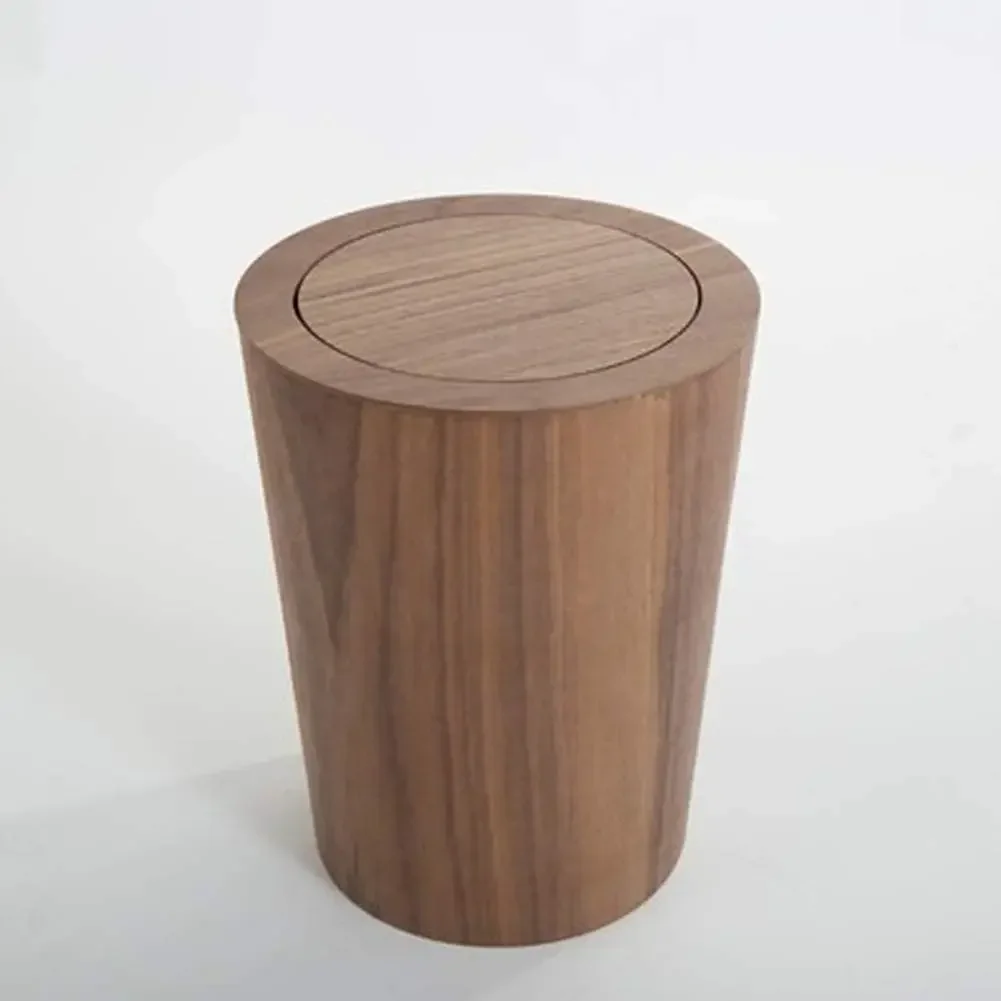 9L Garbage Can with Lid Waste Bins Solid Wood Wastebasket Home Cleaning Tools Round Trash Can Swing Cover Office Storage Baskets