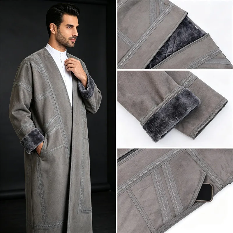 Winter Thick Warm Faux Fur Jubba Thobe Saudi Arab Robe Bisht Men Muslim Kimono Cardigan Suede Coat Abaya Dishdasha Islam Garment