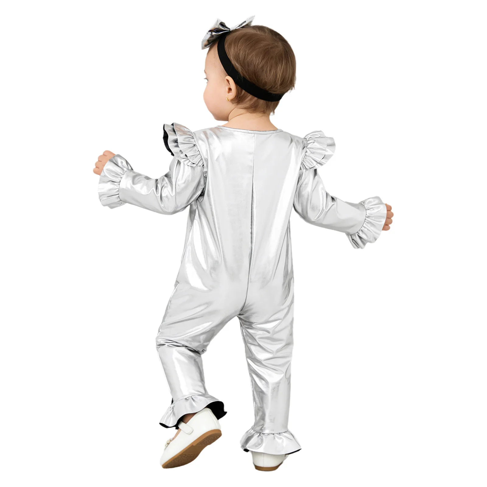 Baby Girls Metallic Shiny Ruffles Romper Long Sleeve Zipper Jumpsuit with Headband for Birthday Party Photography Disco Carnival