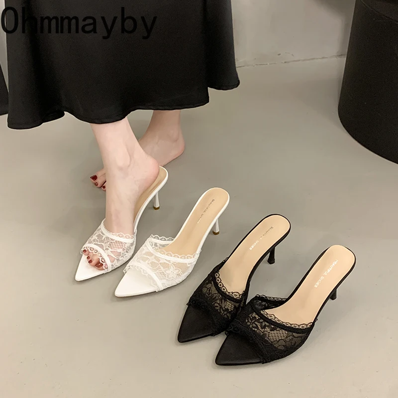 Sommerliche Spitzen-Hohlschuhe für Damen, modische offene Pumps zum Hineinschlüpfen, sexy dünne High Heels, Party-Mules, Sommerschuhe