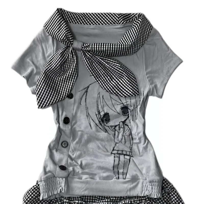 

HOUZHOU Y2k Gray Graphics Women T-Shirts Kawaii Plaid Sailor Collar Short Sleeve Tees and Lace Skirt Japanese Style Cutecore