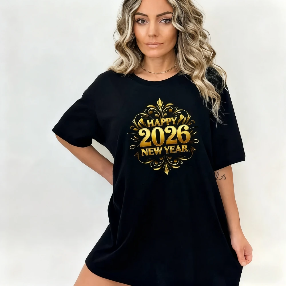 

Elegant Gold Happy 2026 New Year TShirt Shiny Metallic Party Tee New Year Eve Gift for Family Clothing Men Women Fashion T-shirt