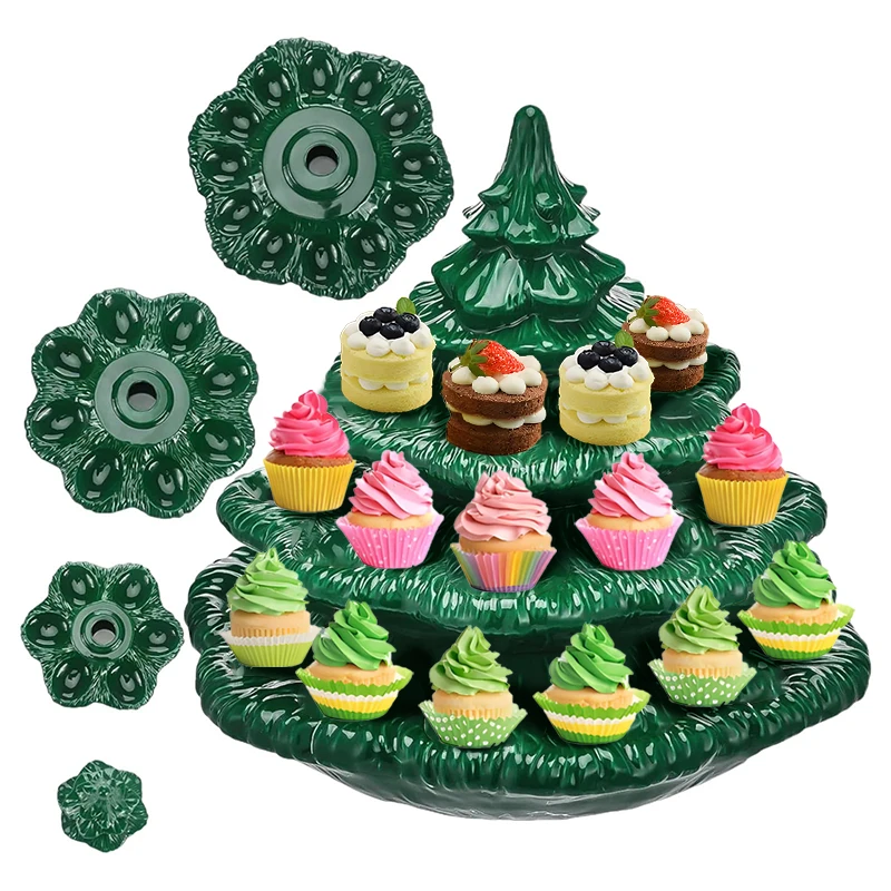 

Holiday Themed 4-Piece Deviled Egg Platters, Ceramic-like Christmas Tree Design with 26-Holes.