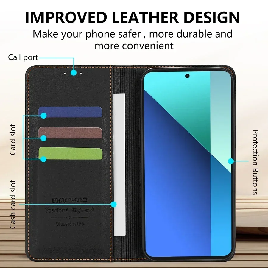 Portfel Przyjazny dla skóry magnetyczny futerał z klapką na kartę dla Xiaomi 14T 13T 11T Poco X6 C65 C75 Redmi 14C 13C 13 12C 10C 9A 9C — zdjęcie 3