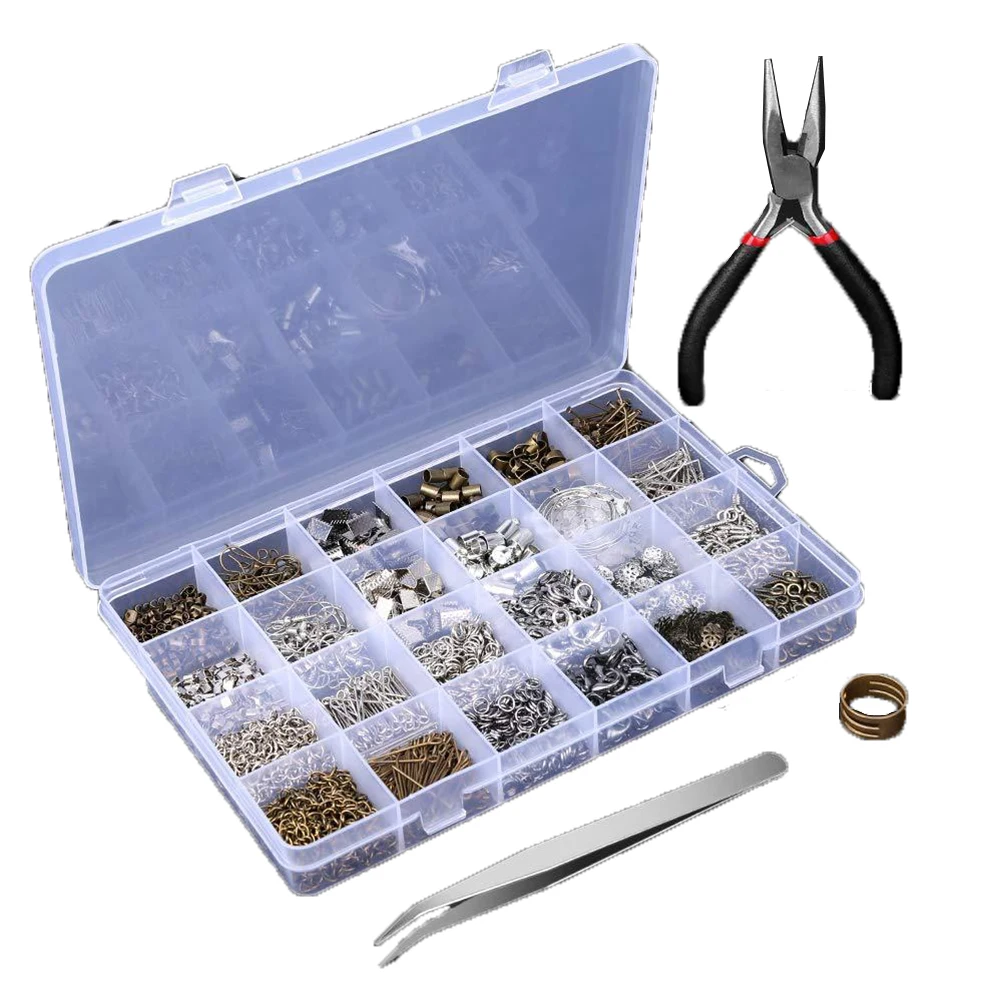 

24 Grid Jewelry Making Material Plastic Box 24 Compartments Lobster Clasp Kit Beads Craft Tool Set Wax Cotton Cord Storage