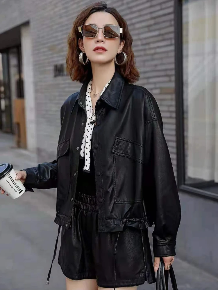 Schwarz Faux Leder Jacke Frauen 2022 Sommer Korean Street Fashion Biker Jacke Moto Oberbekleidung Dünne Gestellte Mäntel Dame Herbst