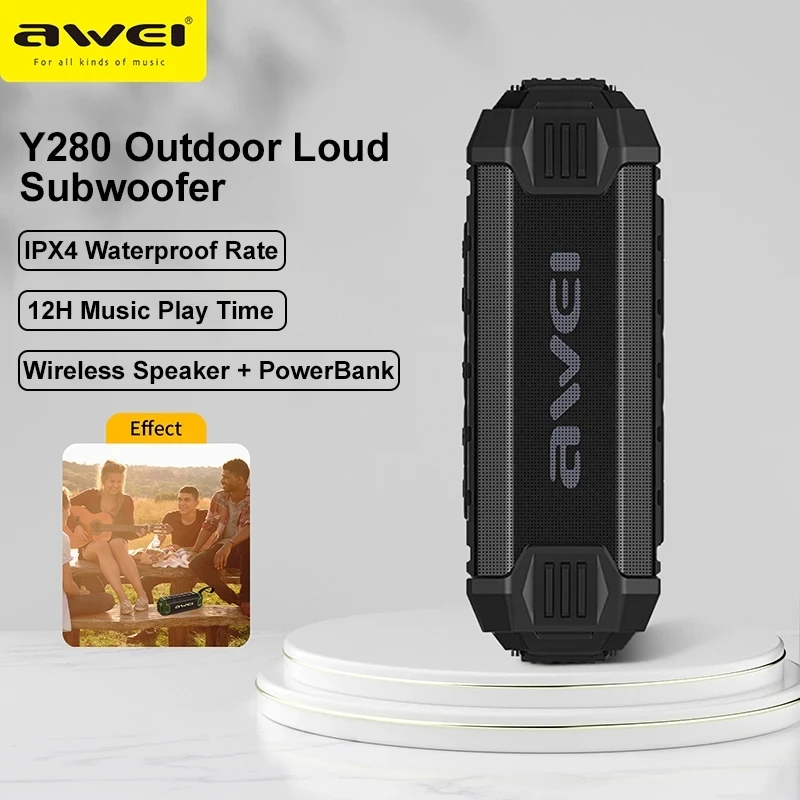 

Awei Y280 Portable Bluetooth 5.0 Speaker Wireless Soundbox Outdoor Loud Subwoofer IPX4 Waterproof Speaker 12-Hour Play Time