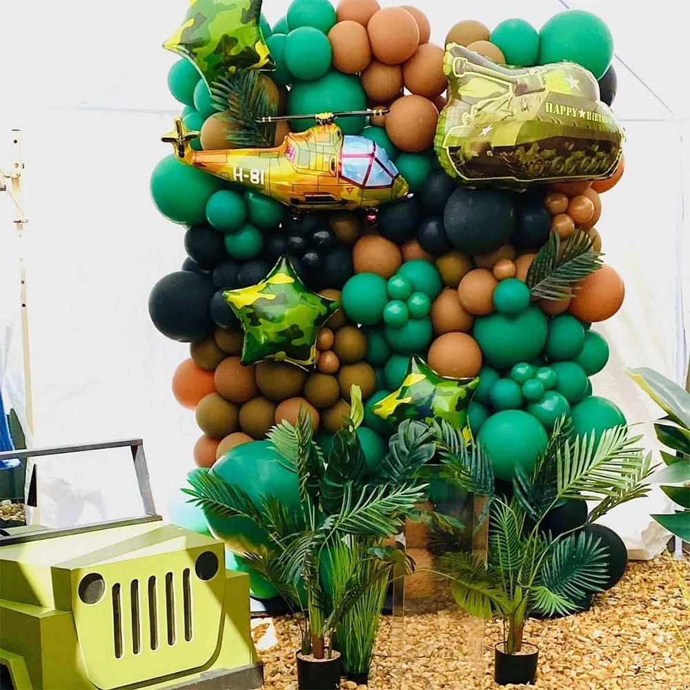 135pcs Tank Camouflage Balloon Arch Garland Green Tank Foil Globos Call of Duty Hunting Soldier Army Birthday Camo Party Decor