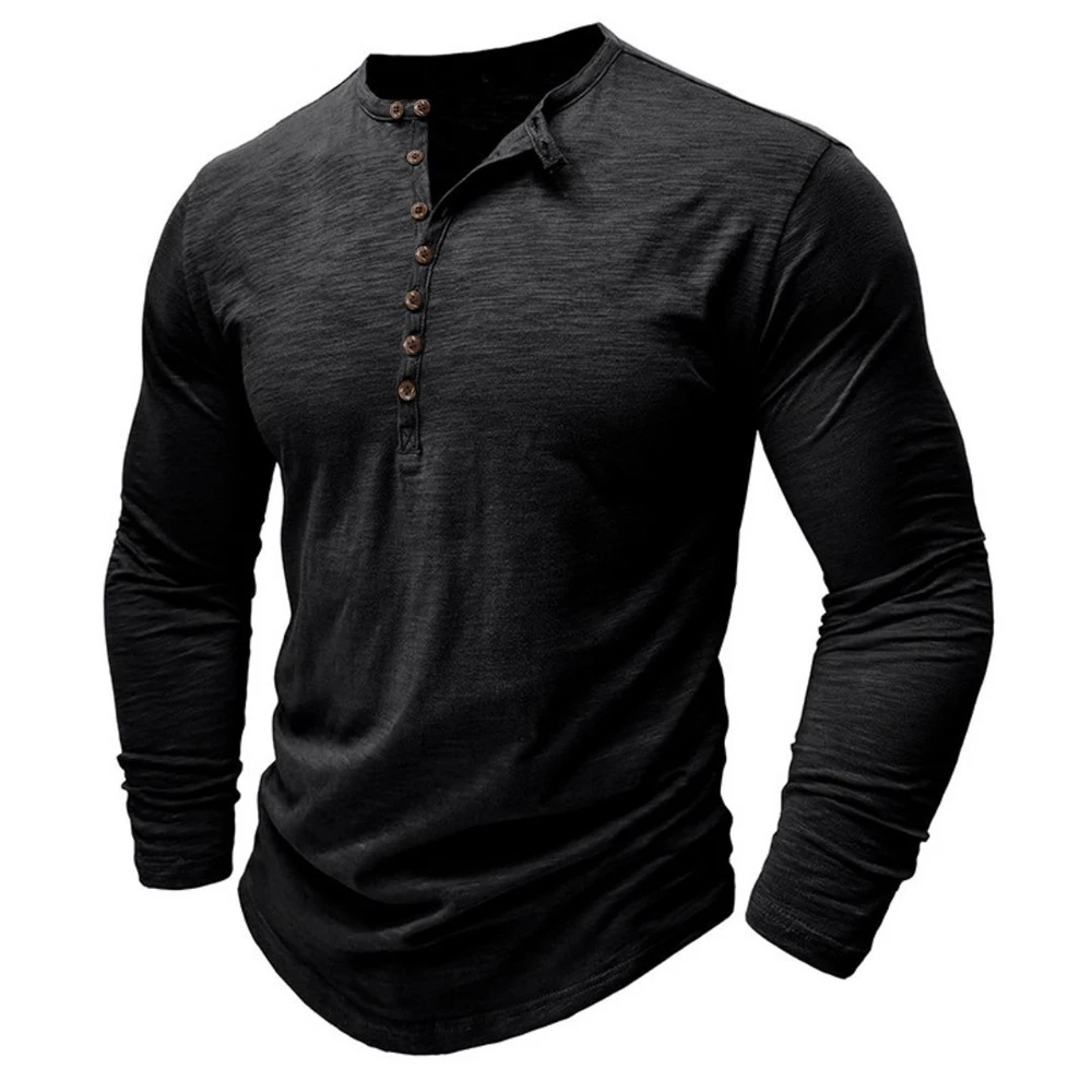 Herren Langarm Henley-Shirt Einfarbig Baumwolle Atmungsaktiv Klassisch Lässig Oberteil Männlich Frühling Knopfleiste Stylisches Top Streetwear