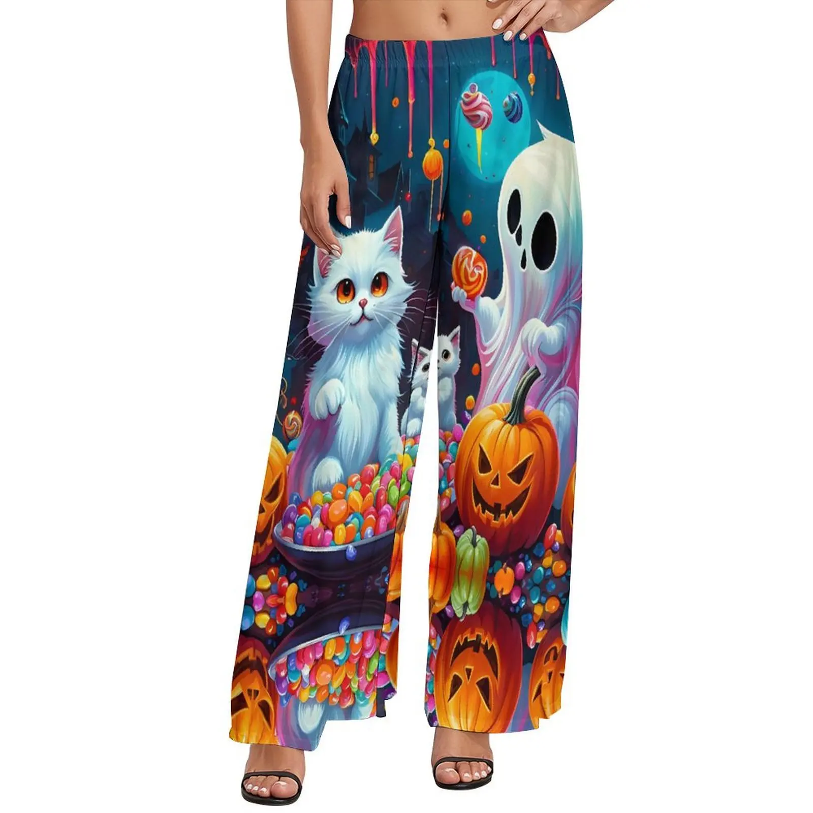 

Pumpkins Ghost Kitten Pants Happy Halloween Trendy Wide Pants Female Oversized Streetwear Design Straight Trousers