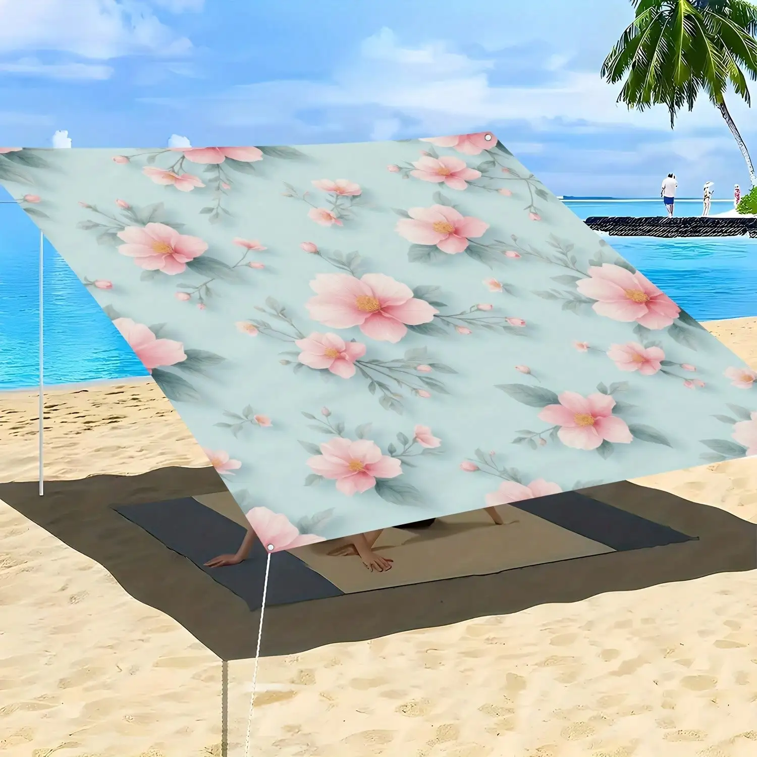 

Light Blue Outdoor Sunshade With Pink Floral Print, Dual-Use Beach & Camping Awning, Patio Sun Shade Cloth, Artistic Design Canopy, Portable & Easy To Install, Suitable For Backyards, Carports, Pergolas, Lawns, Beaches, All-Season