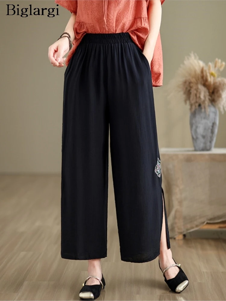

Oversized Spring Summer Elastic High Waist Pant Women PrintEmbroidery Fashion Split Ladies Trousers Wide Leg Loose Woman Pants
