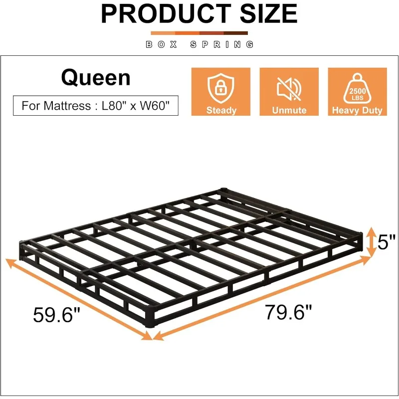 5 Inch Box Spring Queen Size Bed Base, 3000 lbs Heavy Duty Metal Mattress Foundation with Fabric Cover, Easy Assembly