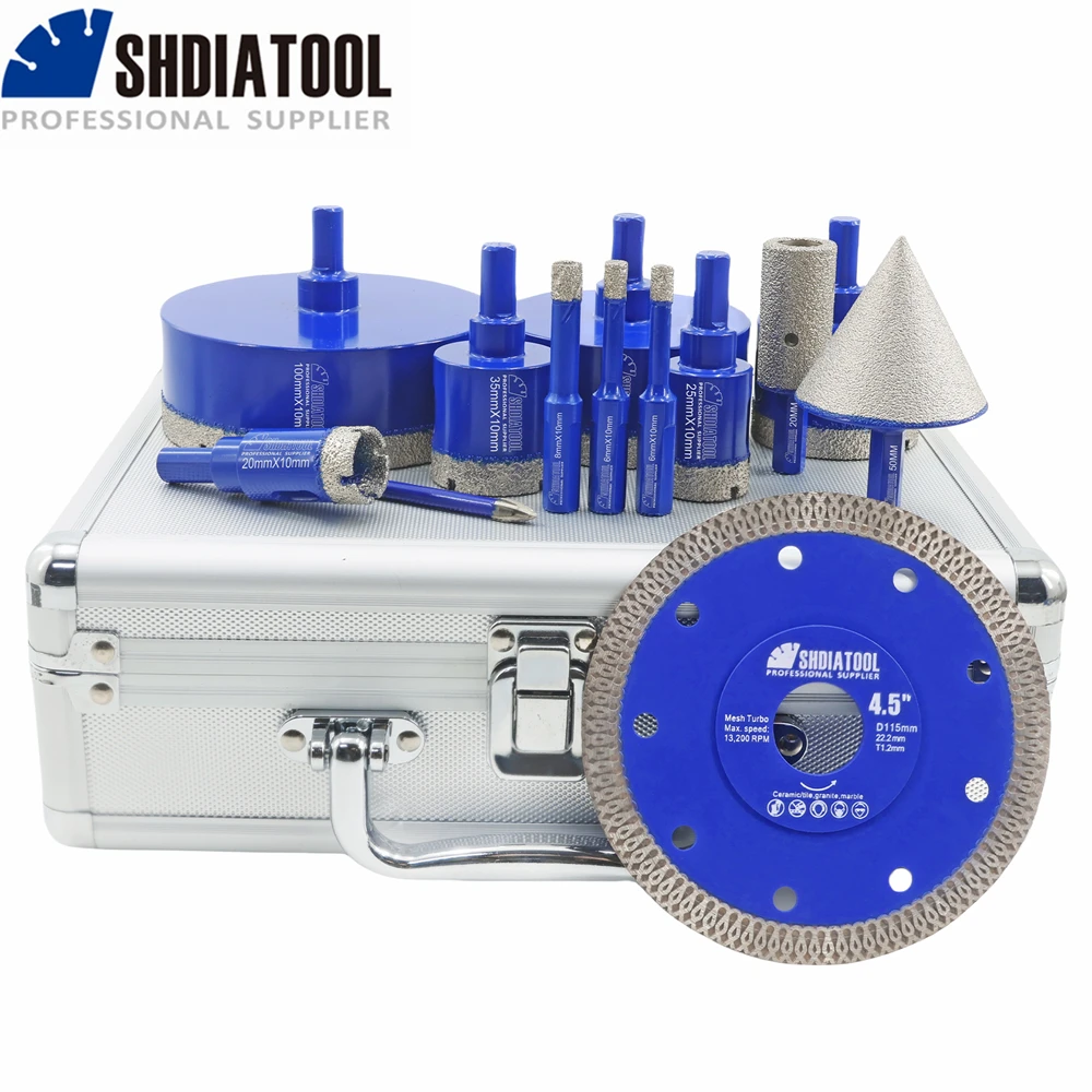 SHDIATOOL 13Pcs Diamond Drill Bits Kit 6-100mm Shank Hole Saw+50mm Chamfer Bit+20mm Millling Tool+115mm X Mesh Cutting Disc Set