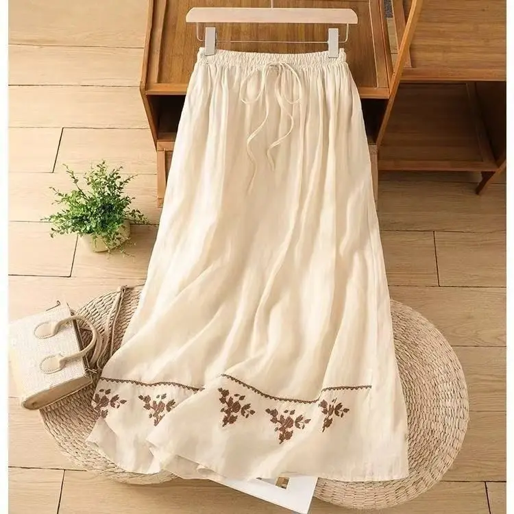 

Retro Solid Color Cotton Linen Embroidered High Waist Skirt
