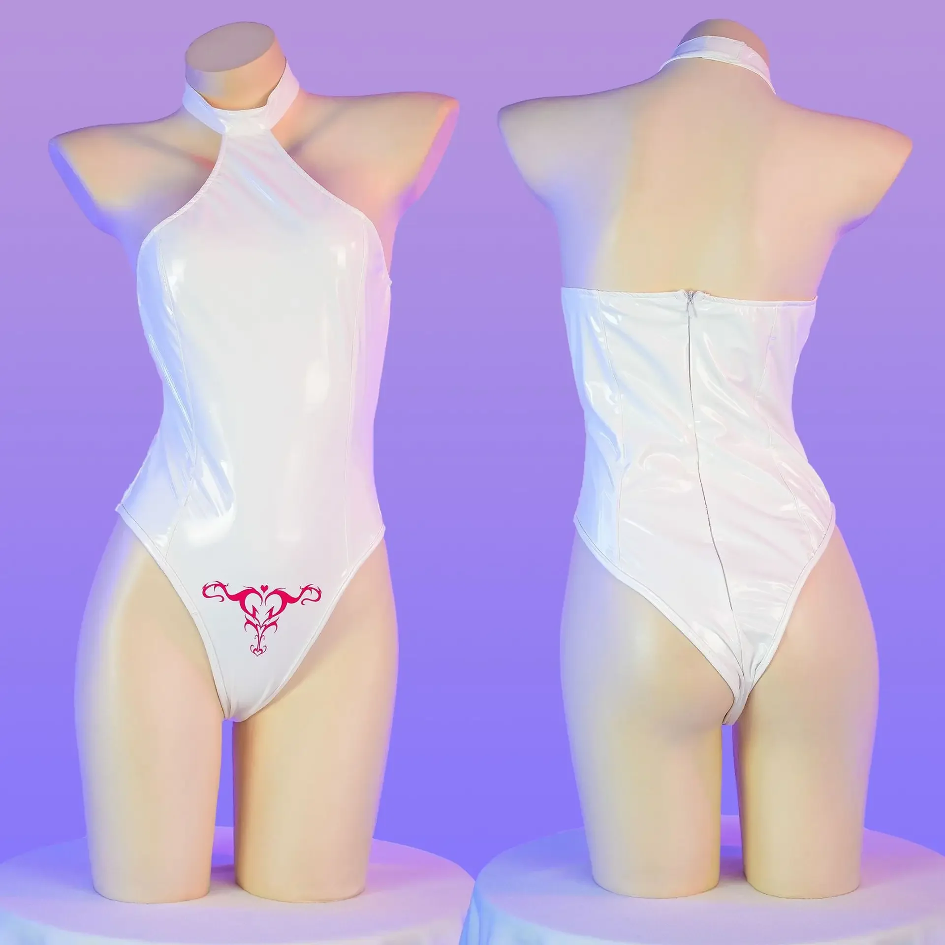 

Women Swimwear Anime White Print Patent Leather Tight Bodysuit Uniform Swimsuit Cosplay Costume Pajamas CHJ9856