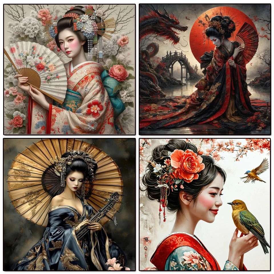 5D Diy Diamond Art Painting Bead Cross Stitch Kit Japanese Kimono Woman Full Mosaic Embroidery Dragon Geisha Picture Home Decor