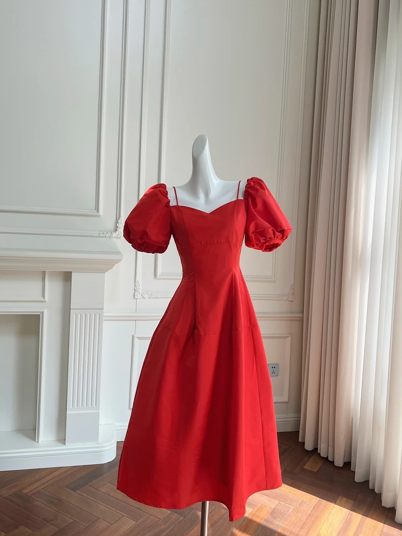 Lingzhi Wu French Elegant Dress for Ladies, Elegant Red Engagement Dresses, Vintage Puff Sleeve, Square Collar, Slim, Vintage