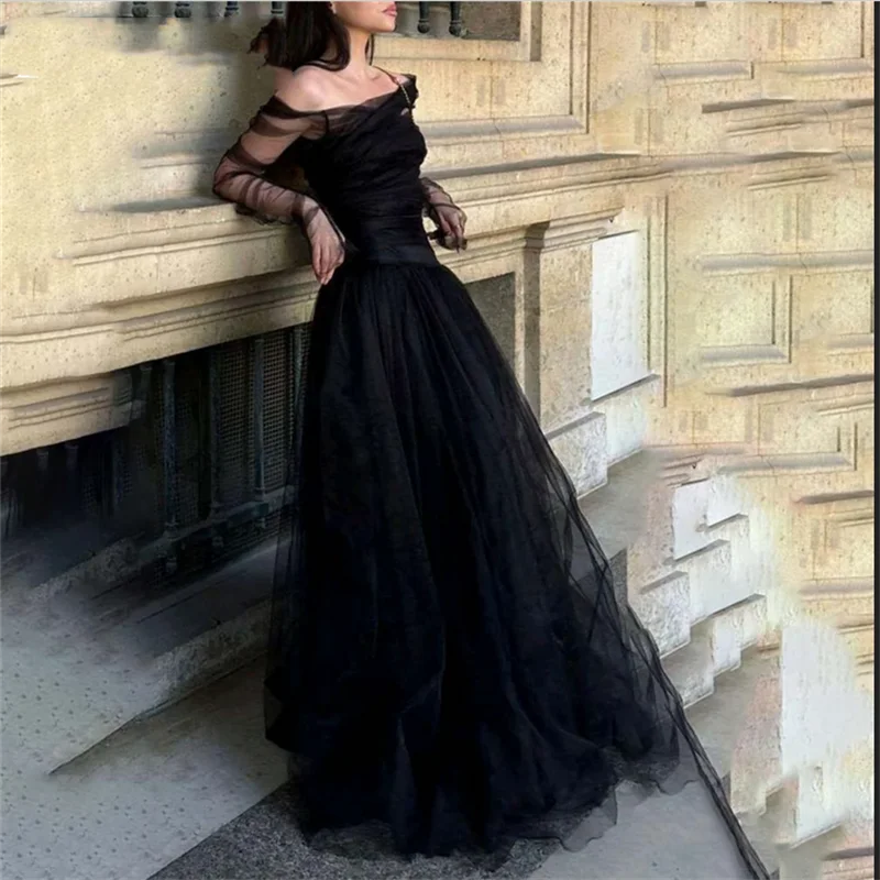 

Черное элегантное платье для выпускного вечера Пляжное сетчатое вечернее платье с открытыми плечами и складками А-силуэта из тюля Вечернее платье 프롬 드레스 по индивидуальному заказу