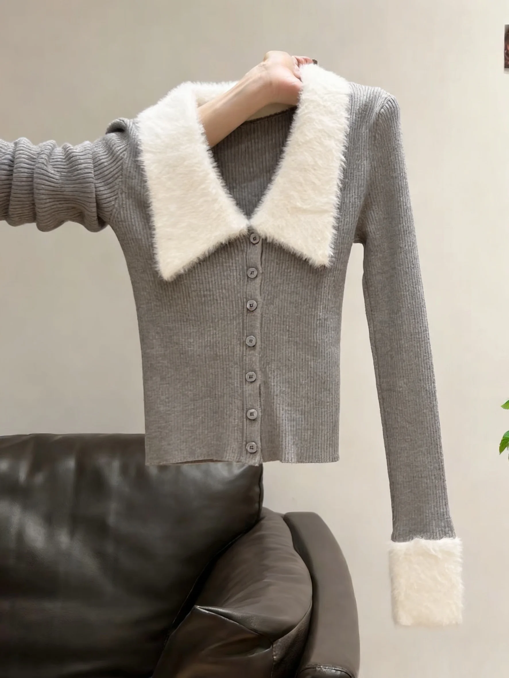 

Корейский мягкий вязаный повседневный кардиган с воротником и вставками, женский, весна-осень, универсальный базовый топ