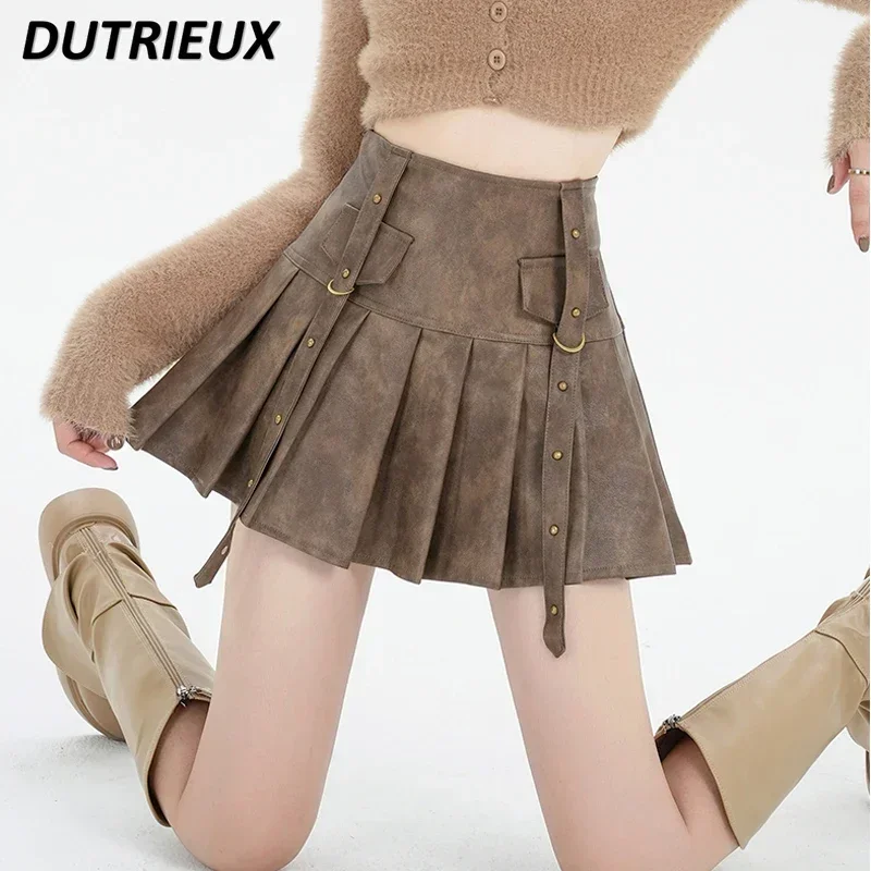 Casual Short Solid Color Short Women's Skirts Autumn and Winter 2024 New Maillard Coffee Pu Leather Pleated Skirt for Lady