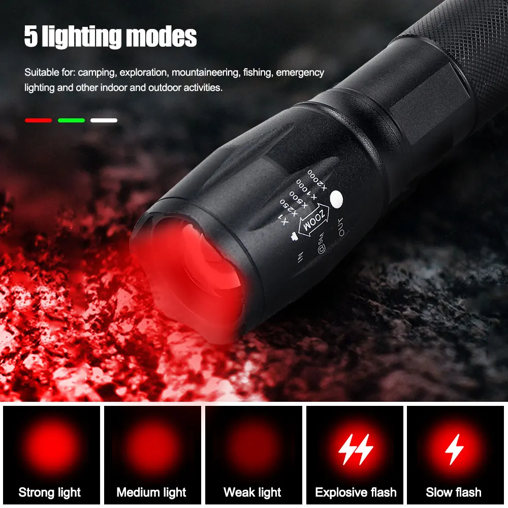 Tactical Hunting Flashlight Green/Red Light Zoomable LED Torch USB Rechargeable 5 Modes Lamp for Outdoor Camping Hiking