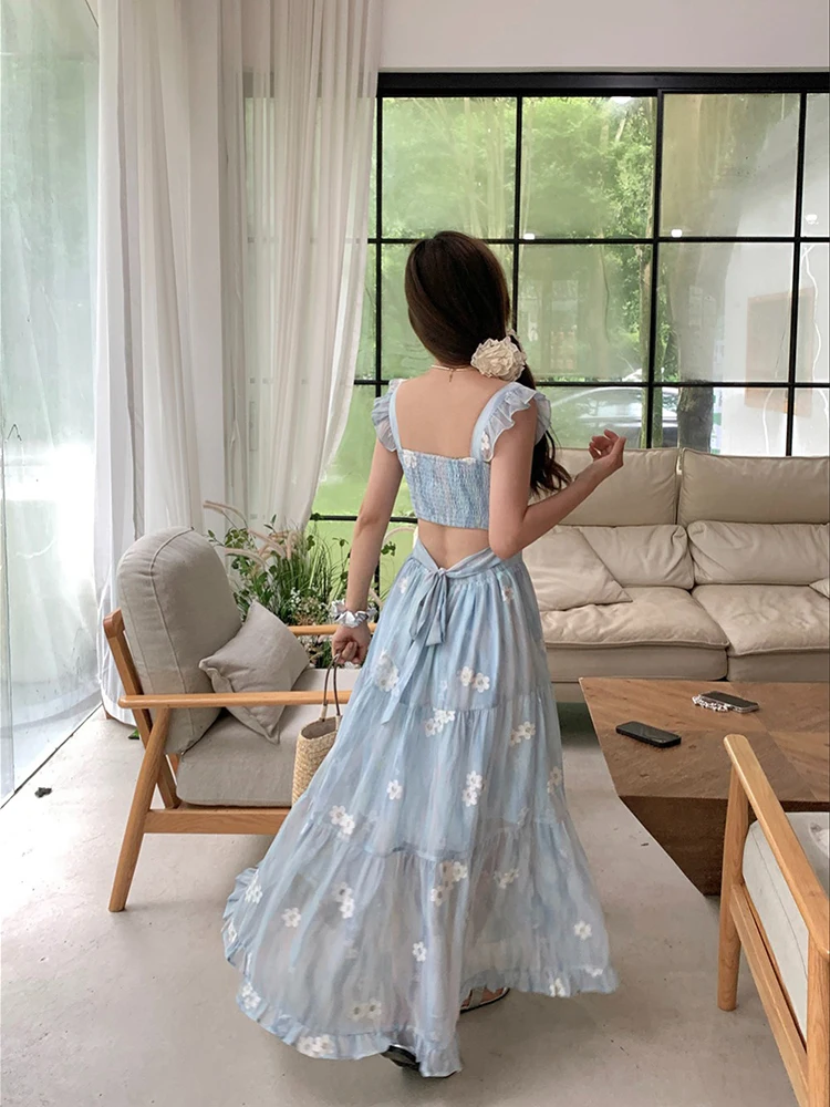 

Summer Elegant Blue Chiffon Midi Dress Women Beach Casual Embroidery Floral One Piece Dress Korean Fashion Evening Party Vintage