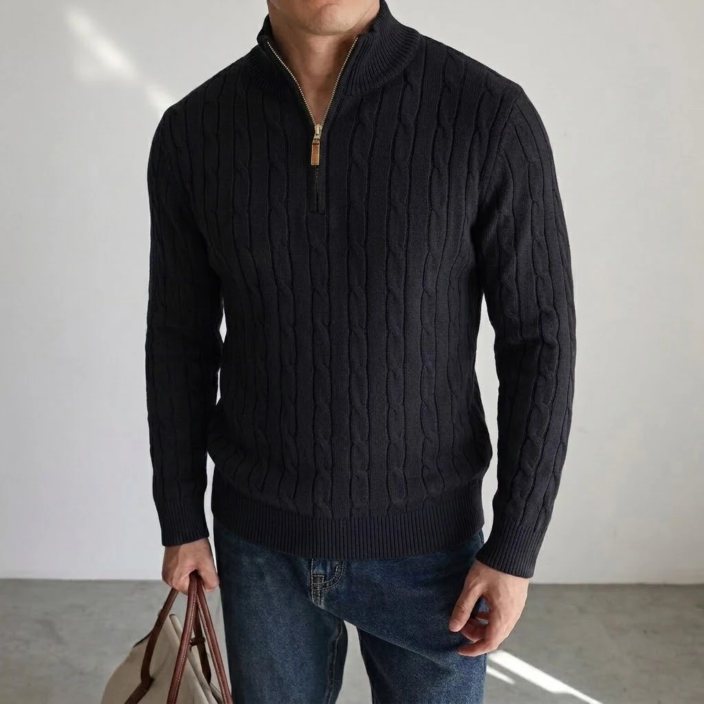 New Men's Cable Knit Half Zip Sweater Casual Stand Collar Knitted Pullover Warm Winter Cardigan Jacket Outerwear Coat for Men