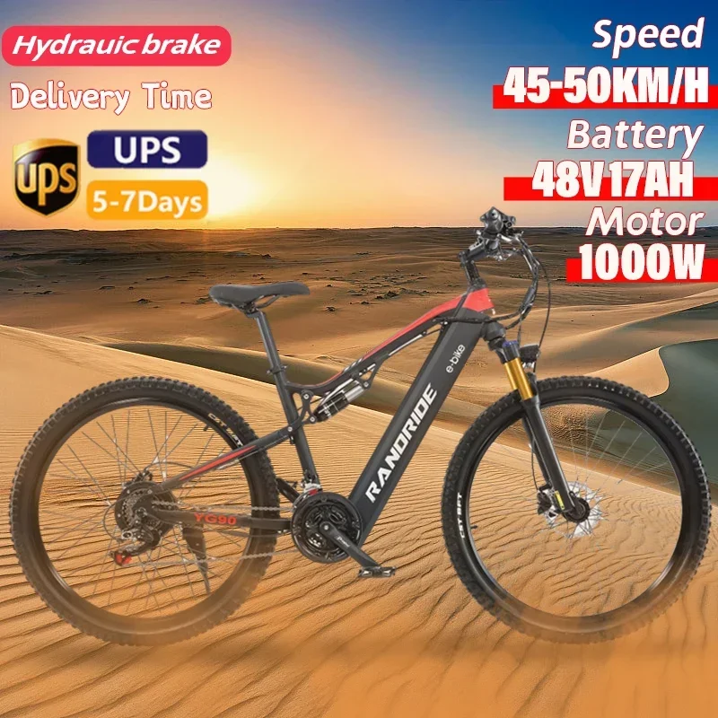 Aluminum Alloy Full Suspension Electric Bicycle, MTB Ebike, Randride, 1000W, YG90, 48V, 17Ah Battery, New