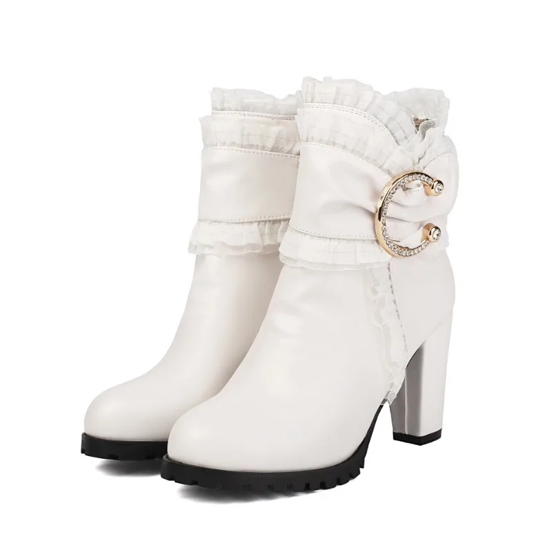 Sweet Bow Lace Trim British Style Women Leather Knight Ankle Boots Metal Buckle Side Zipper High Heel Short Boots