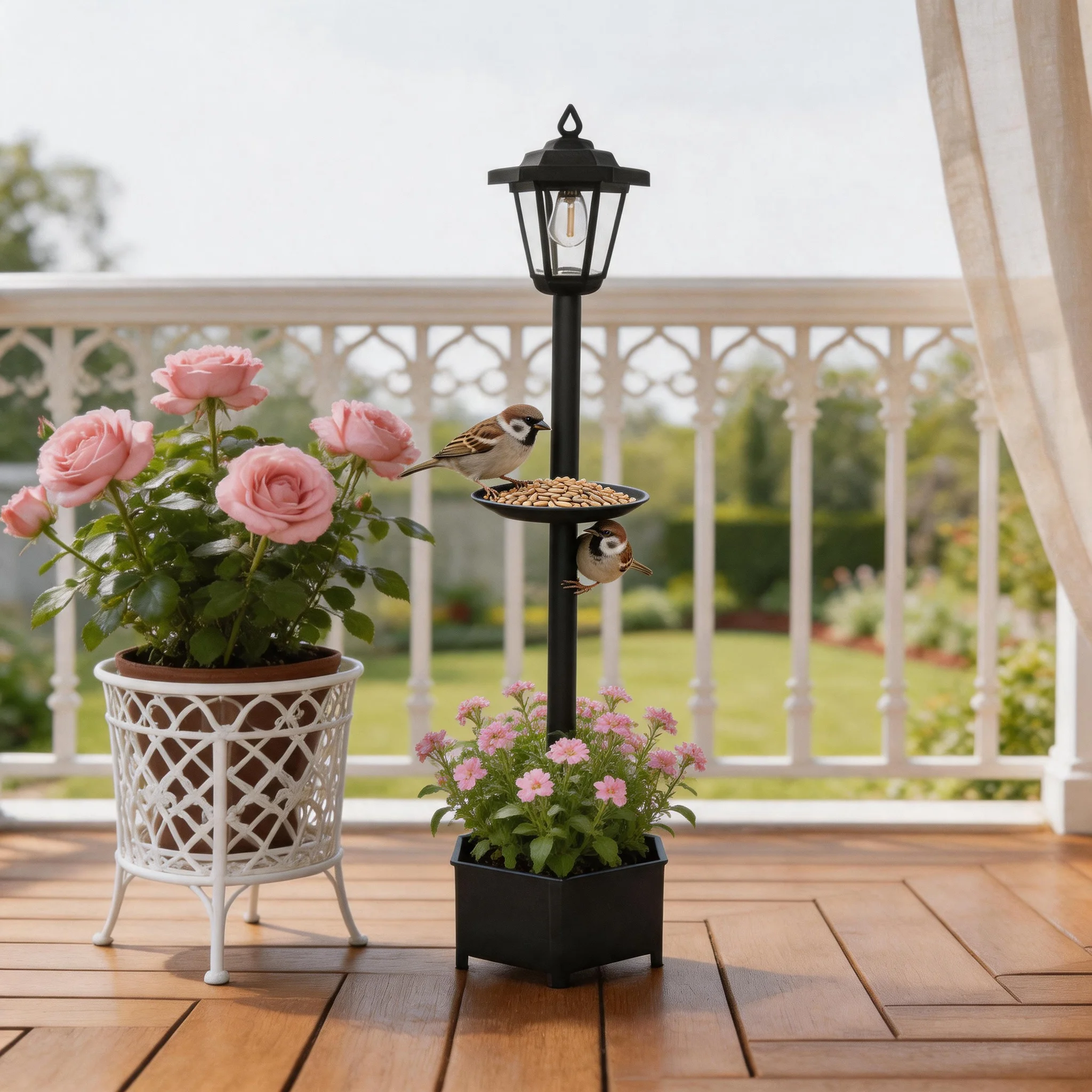 Solar Lantern Outdoor 3-in-1 Bird Feeder Planter Floor Lamp Post Waterproof Dusk to Dawn Auto On Off LED Garden Light with Flower Pot Base for Patio Yard Porch Decor