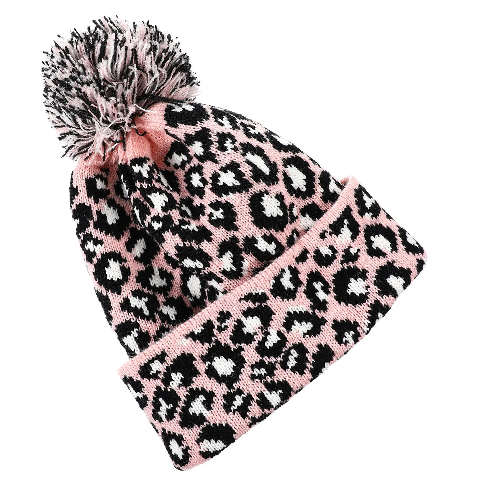 

Knitted Wool Hat for Women Pink Leopard Print Warm Knitting Beanie Comfortable Winter Fall Style Women Knitted Hat