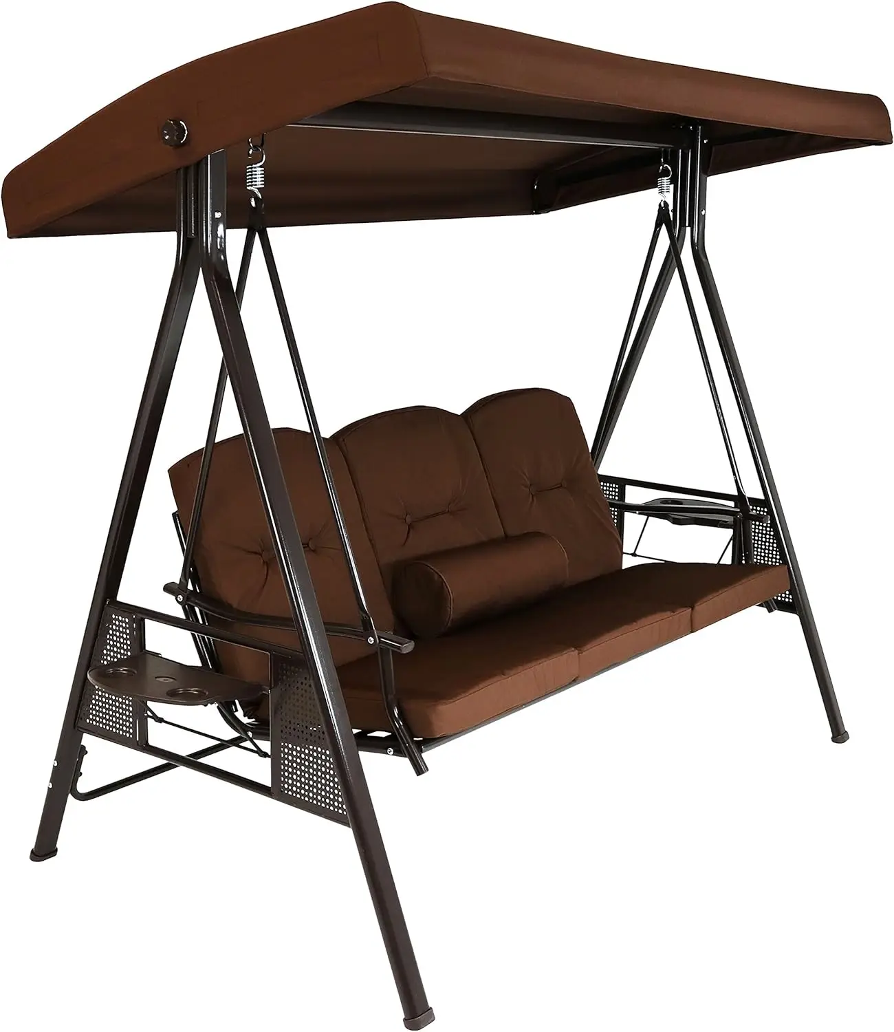 3-Person Steel Patio Swing Bench With Adjustable Tilt Canopy - Cushions And Pillow Included - Brown