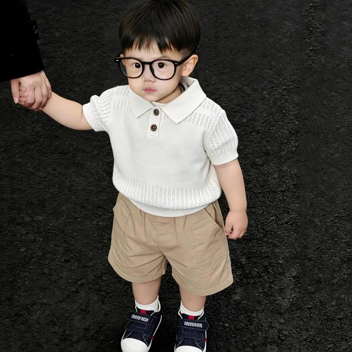 

Boys Set Summer New Children's Hollow Ice Silk Knitted Short Sleeved Top+Casual Shorts Handsome 2-piece set