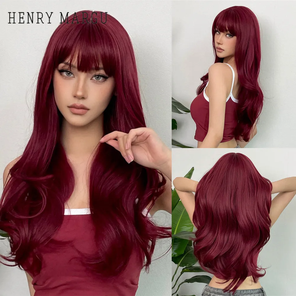 HENRY MARGU Burgundy Long Wavy Wigs Wine Red Wig with Bangs for Women Daily Synthetic Hair Cosplay Wig Heat Resistant Fiber