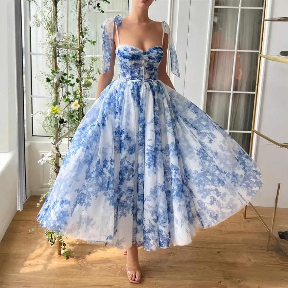 Vintage Floral Print Short Prom Dresses Sweetheart Spaghetti Straps Tea Length  Fairy Dress Cocktail Formal Party Gowns